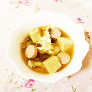 クミン風味♪高野豆腐と高菜漬けのかきたまスープ